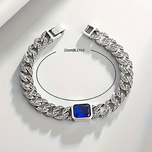 Stainless Steel Sapphire Chain Link Bracelet, Curb Engraved - Picture 5 of 6